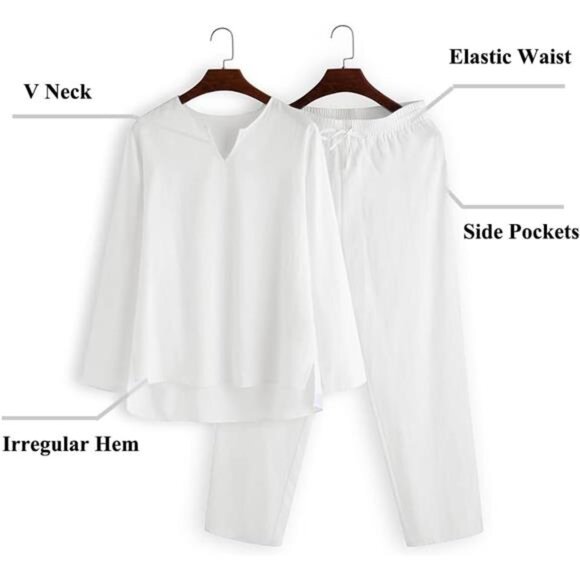 Men's 2 Pieces Cotton Linen Set Henley Shirt Long Sleeve and Casual Beach Pants - Picture 5 of 6